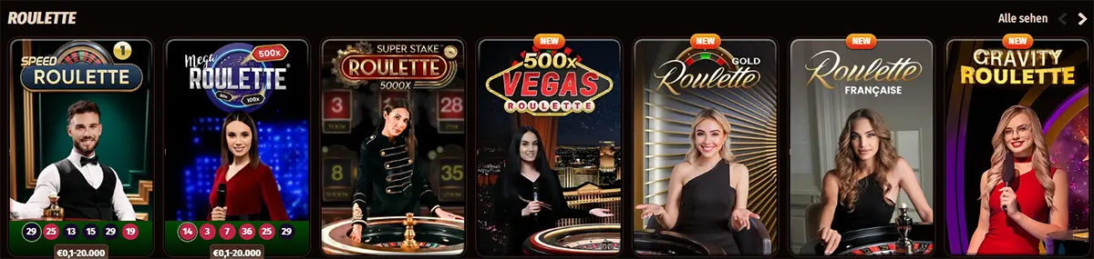 German roulette games row featuring live dealer titles such as Speed Roulette, Mega Roulette, Super Stake Roulette, 500x Vegas Roulette, Gold Roulette, Roulette Française, and Gravity Roulette on a dark casino interface.