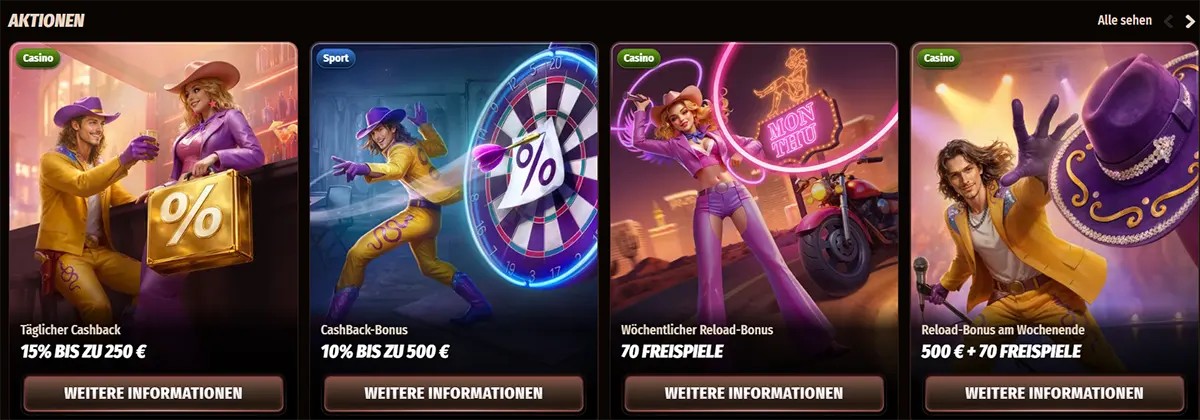 German casino promotions row featuring daily cashback, cashback bonus, weekly reload bonus, and weekend reload bonus cards with illustrated characters and “More Information” buttons on a dark background.