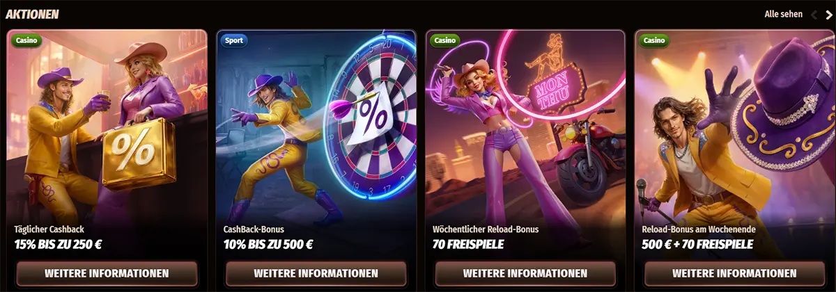 German casino promotions row featuring daily cashback, cashback bonus, weekly reload bonus, and weekend reload bonus cards with illustrated characters and “More Information” buttons on a dark background.