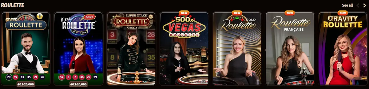 Roulette games row featuring live dealer titles such as Speed Roulette, Mega Roulette, Super Stake Roulette, 500x Vegas Roulette, Gold Roulette, Roulette Française, and Gravity Roulette on a dark casino interface.