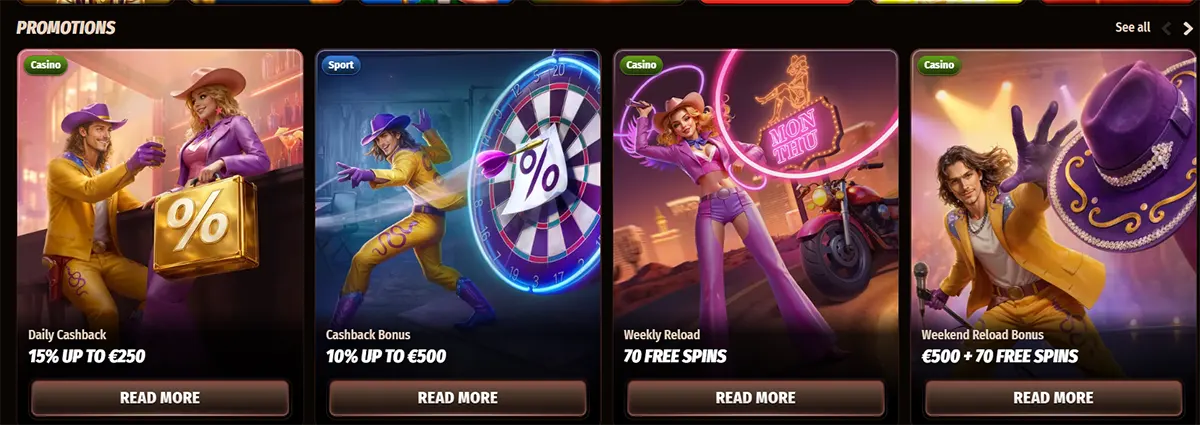 Casino promotions row featuring daily cashback, cashback bonus, weekly reload, and weekend reload bonus cards with illustrated characters and “Read More” buttons on a dark background.