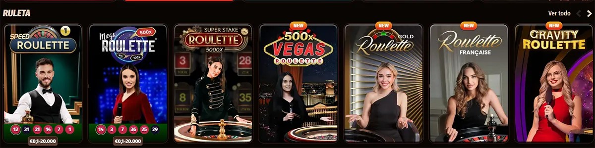 Spanish roulette games row featuring live dealer titles such as Speed Roulette, Mega Roulette, Super Stake Roulette, 500x Vegas Roulette, Gold Roulette, Roulette Française, and Gravity Roulette on a dark casino interface.