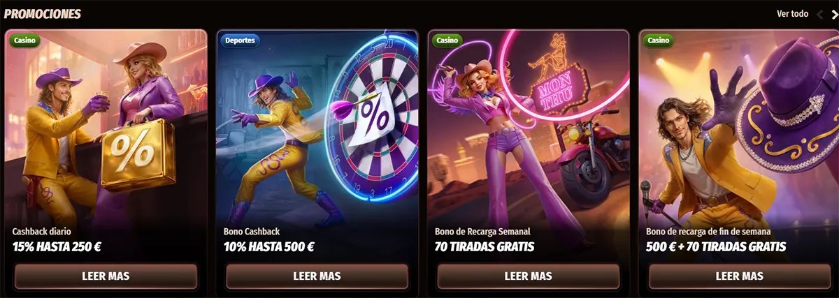 Spanish casino promotions row featuring daily cashback, cashback bonus, weekly reload bonus, and weekend reload bonus cards with illustrated characters and “Read More” buttons on a dark background.