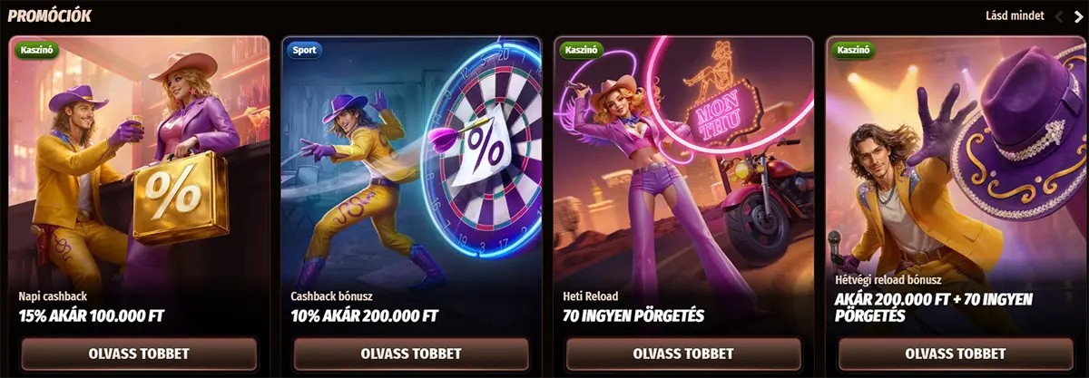 Hungarian casino promotions row featuring daily cashback, cashback bonus, weekly reload, and weekend reload bonus cards with illustrated characters and “Read More” buttons on a dark background.