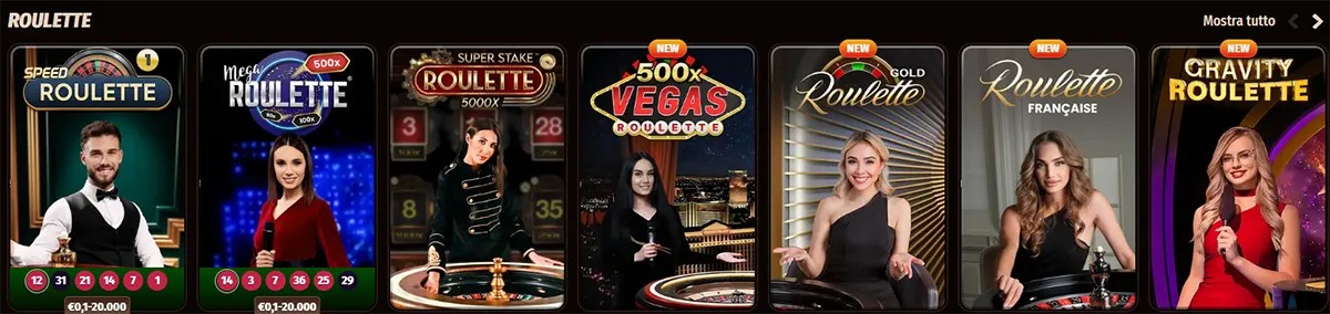 Italian roulette games row featuring live dealer titles such as Speed Roulette, Mega Roulette, Super Stake Roulette, 500x Vegas Roulette, Gold Roulette, Roulette Française, and Gravity Roulette on a dark casino interface.