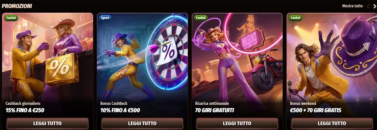 Italian casino promotions row featuring daily cashback, cashback bonus, weekly reload, and weekend bonus cards with illustrated characters and “Read All” buttons on a dark background.