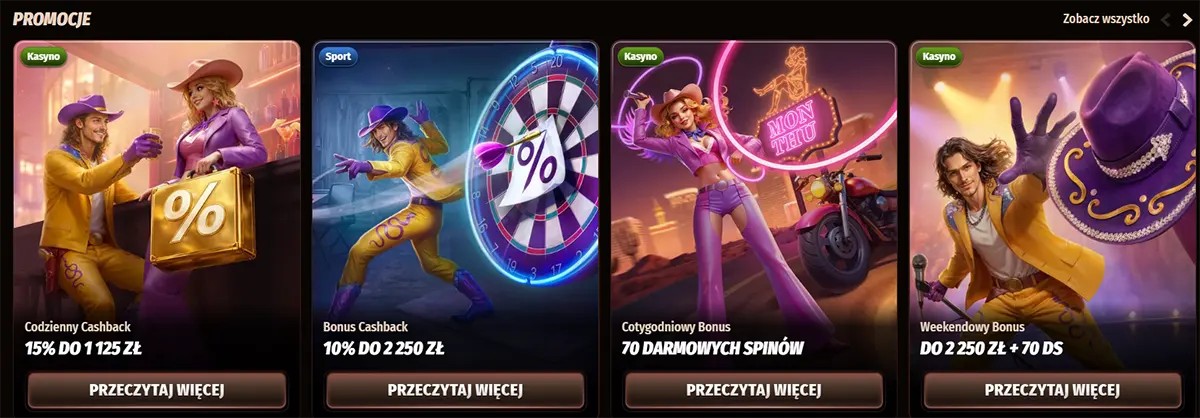 Polish casino promotions row featuring daily cashback, cashback bonus, weekly bonus, and weekend bonus cards with illustrated characters and “Read More” buttons on a dark background.