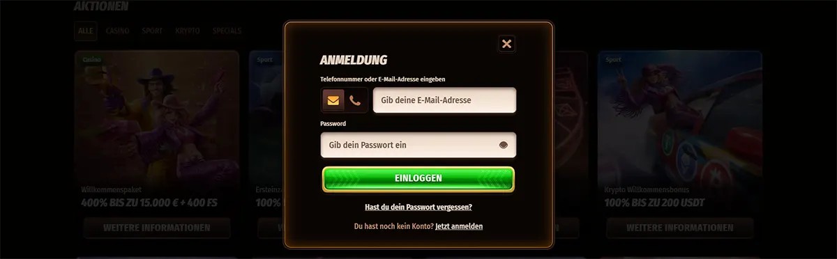 German casino login popup with email and password fields, a bright green log-in button, and a dark blurred promotions background.