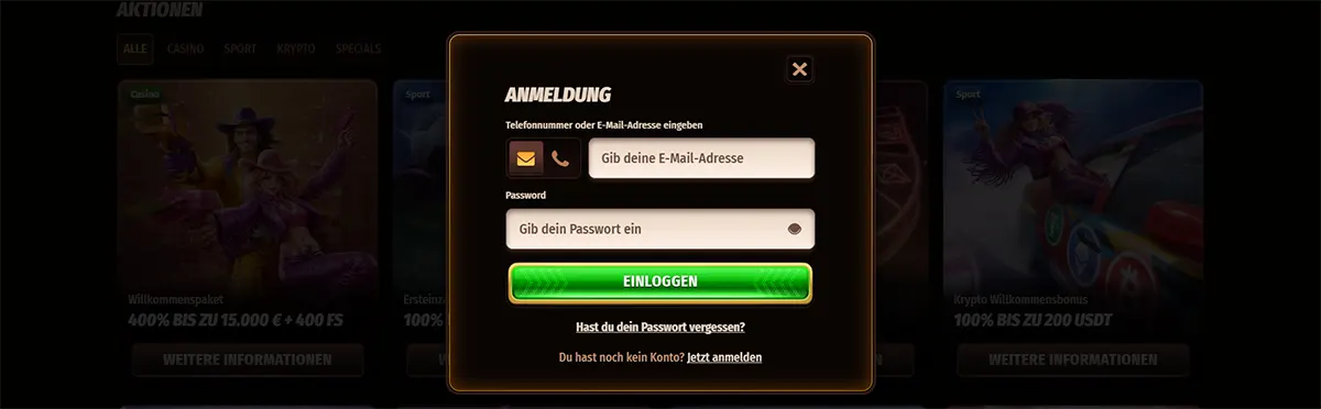 German casino login popup with email and password fields, a bright green log-in button, and a dark blurred promotions background.
