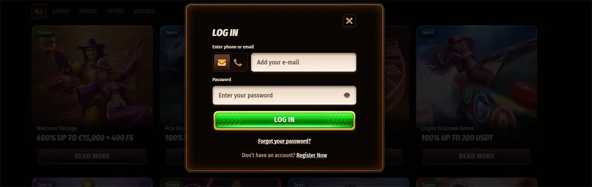 Casino login popup with email and password fields, a bright green log-in button, and a dark blurred promotions background.