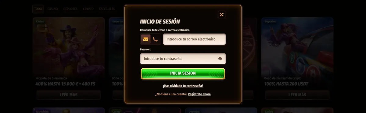 Spanish casino login popup with email and password fields, a bright green log-in button, and a dark blurred promotions background.