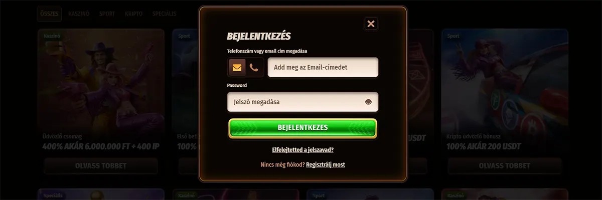 Hungarian casino login popup with email and password fields, a bright green log-in button, and a dark blurred promotions background.