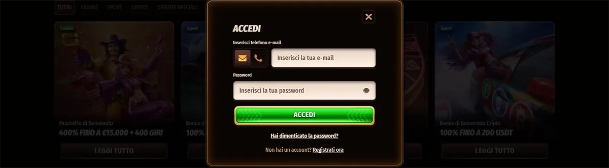 Italian casino login popup with email and password fields, a bright green log-in button, and a dark blurred promotions background.