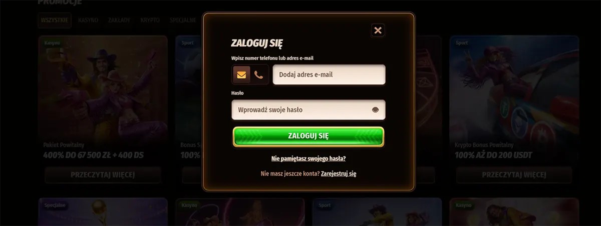 Polish casino login popup with email and password fields, a bright green log-in button, and a dark blurred promotions background.
